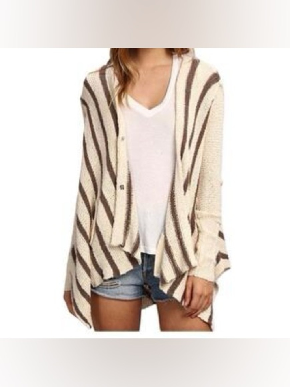 Free People Cream and Brown Striped Cardigan Sweater